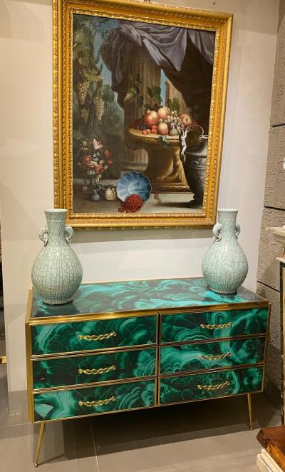 Midcentury Style Brass and Malachite Colored Murano Glass Commode 2020