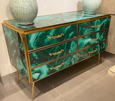 Midcentury Style Brass and Malachite Colored Murano Glass Commode 2020