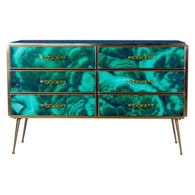 Midcentury Style Brass and Malachite Colored Murano Glass Commode 2020