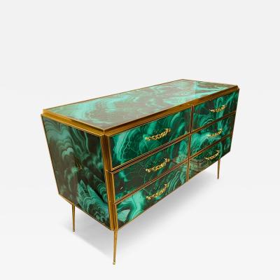 Midcentury Style Brass and Malachite Colored Murano Glass Commode 2020