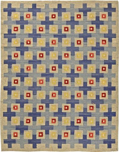 Midcentury Swedish Blue Red Yellow and Beige Flat Woven Wool Rug