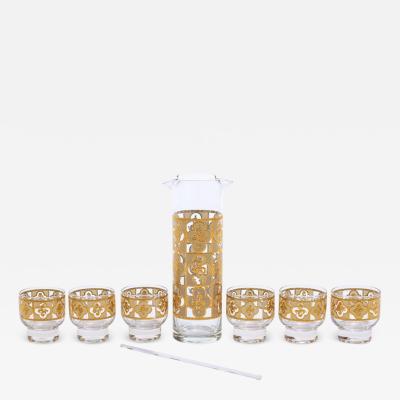 Midcentury Tudor Style 22 Karat Gold Cocktail Mixer and Set of 6 Glasses