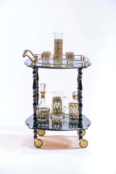 Midcentury Tudor Style 22 Karat Gold Cocktail Mixer and Set of 6 Glasses