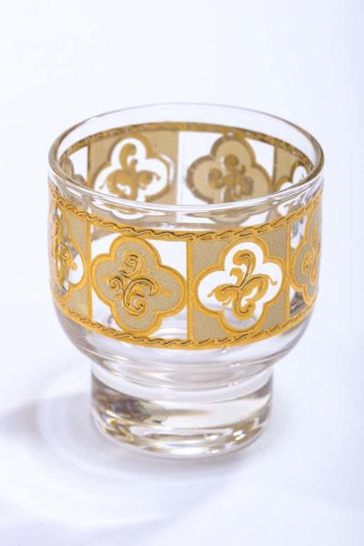 Midcentury Tudor Style 22 Karat Gold Cocktail Mixer and Set of 6 Glasses