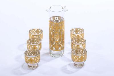 Midcentury Tudor Style 22 Karat Gold Cocktail Mixer and Set of 6 Glasses