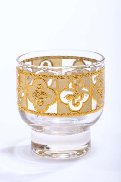 Midcentury Tudor Style 22 Karat Gold Cocktail Mixer and Set of 6 Glasses