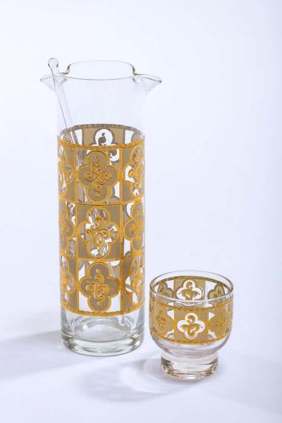 Midcentury Tudor Style 22 Karat Gold Cocktail Mixer and Set of 6 Glasses