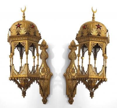 Middle Eastern Moorish Style Jeweled Gilt Wall Sconces
