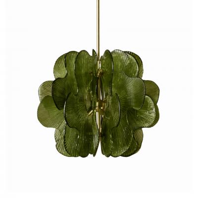 Midmodern Style Italian Brass Pendant Lamps with Bright Green Murano Glass Slabs