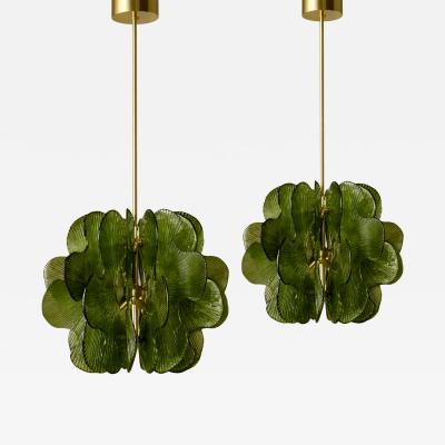 Midmodern Style Italian Brass Pendant Lamps with Bright Green Murano Glass Slabs