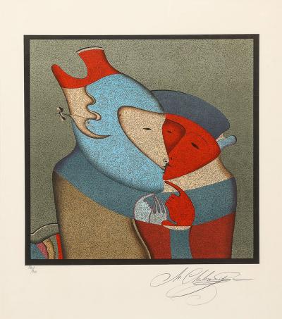 Mihail Chemiakin Modernist Lithograph Les Deux Personnages by Mihail Chemiakin