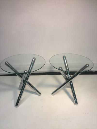Milo Baughman 1970s Pair of Tripod Base Chrome Tables