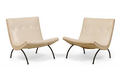 Milo Baughman American Milo Baughman White Button Tufted Vinyl and Iron Scoop Side Chairs