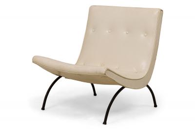 Milo Baughman American Milo Baughman White Button Tufted Vinyl and Iron Scoop Side Chairs