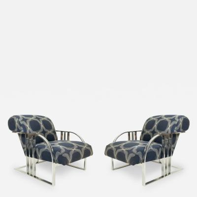 Milo Baughman Chrome and BlueArmchairs by Thayer Coggin