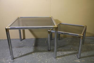 Milo Baughman Chrome and smoked glass coffee table and side table attributed to Milo Baughman