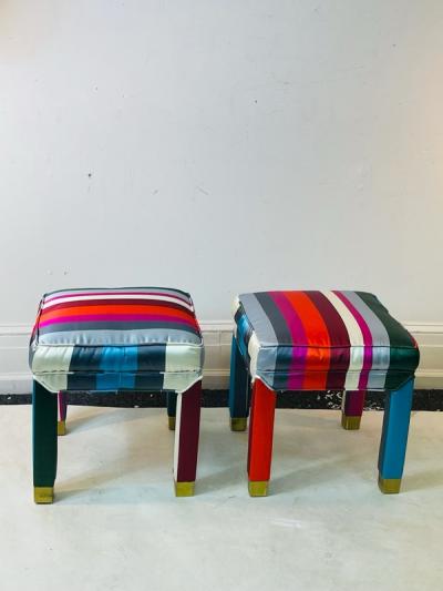 Milo Baughman EXCEPTIONAL MODERN PAIR OF DELUXE STRIPED FABRIC BRASS FOOT STOOLS