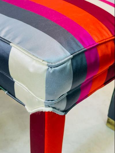 Milo Baughman EXCEPTIONAL MODERN PAIR OF DELUXE STRIPED FABRIC BRASS FOOT STOOLS