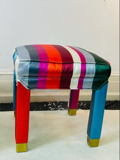 Milo Baughman EXCEPTIONAL MODERN PAIR OF DELUXE STRIPED FABRIC BRASS FOOT STOOLS