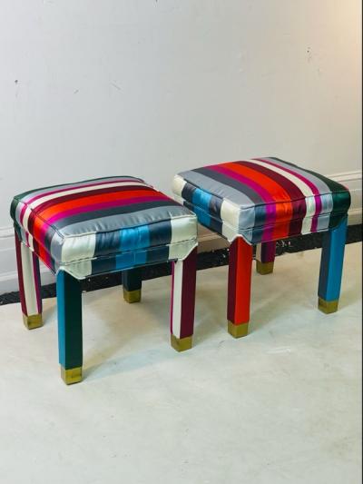 Milo Baughman EXCEPTIONAL MODERN PAIR OF DELUXE STRIPED FABRIC BRASS FOOT STOOLS