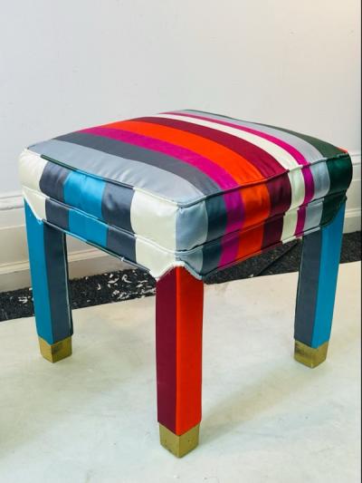 Milo Baughman EXCEPTIONAL MODERN PAIR OF DELUXE STRIPED FABRIC BRASS FOOT STOOLS