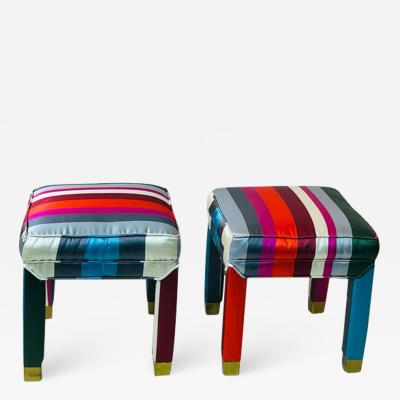 Milo Baughman EXCEPTIONAL MODERN PAIR OF DELUXE STRIPED FABRIC BRASS FOOT STOOLS