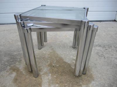 Milo Baughman Fun Set of Milo Baughman Style Square Chrome and Glass Stacking Nesting Tables
