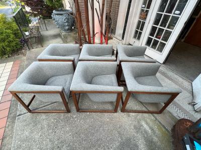 Milo Baughman GREAT SUITE OF SIX MODERN WALNUT SCULPTED CAGE CHAIRS BY MILO BAUGHMAN