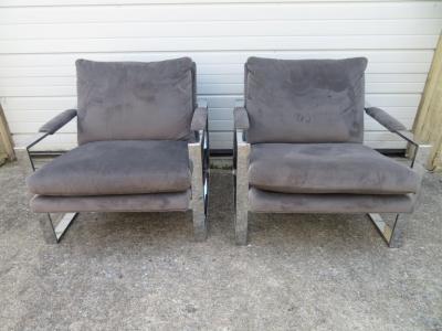 Milo Baughman Handsome Pair Signed Milo Baughman Thick Chrome Cube Lounge Chairs Midcentury