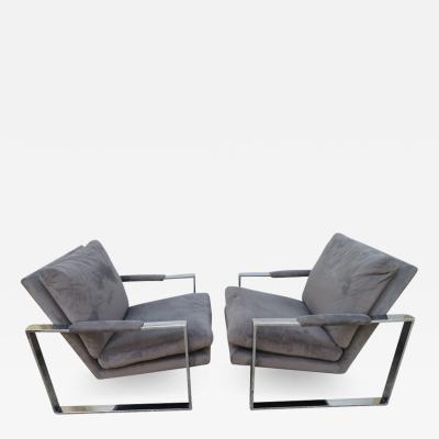 Milo Baughman Handsome Pair Signed Milo Baughman Thick Chrome Cube Lounge Chairs Midcentury