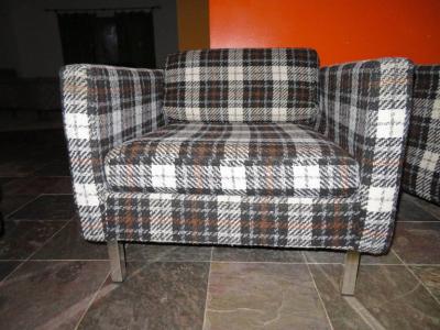 Milo Baughman Handsome Pair of Milo Baughman Style Plaid Chrome Cube Lounge Chairs