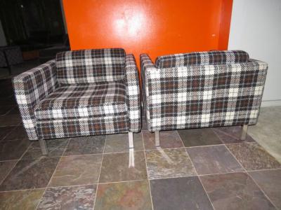 Milo Baughman Handsome Pair of Milo Baughman Style Plaid Chrome Cube Lounge Chairs