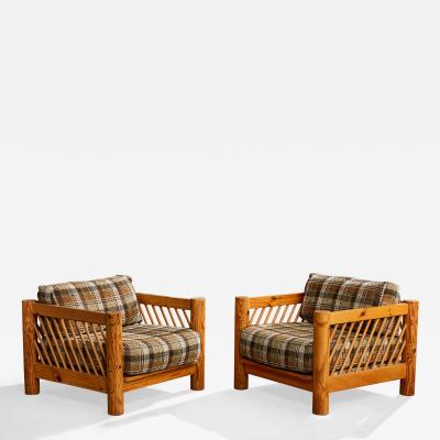 Milo Baughman Lounge Chairs with Pine and Fabric USA 1970s
