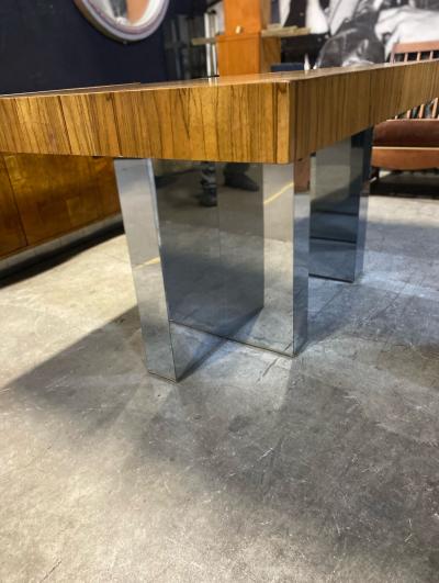 Milo Baughman Lovely Milo Baughman Lacewood Dining Table on a Polished Steel Cruciform Base