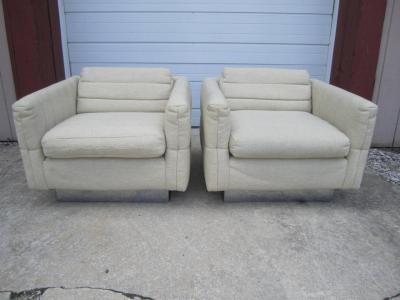 Milo Baughman Lovely Pair of Channel Tufted Milo Baughman Cube Chairs Chrome Base Mid Century