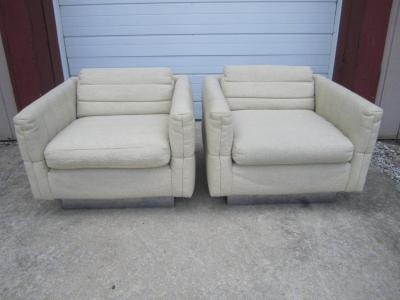 Milo Baughman Lovely Pair of Channel Tufted Milo Baughman Cube Chairs Chrome Base Mid Century