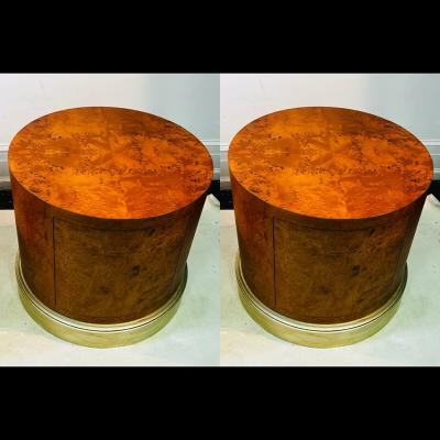 Milo Baughman MODERN BURL WOOD DRUM TABLES WITH SILVERLEAF BASE