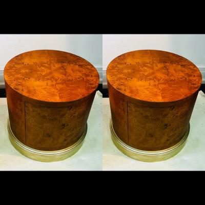 Milo Baughman MODERN BURL WOOD DRUM TABLES WITH SILVERLEAF BASE