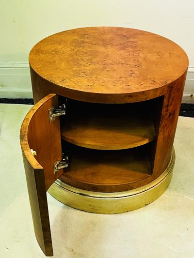 Milo Baughman MODERN BURL WOOD DRUM TABLES WITH SILVERLEAF BASE