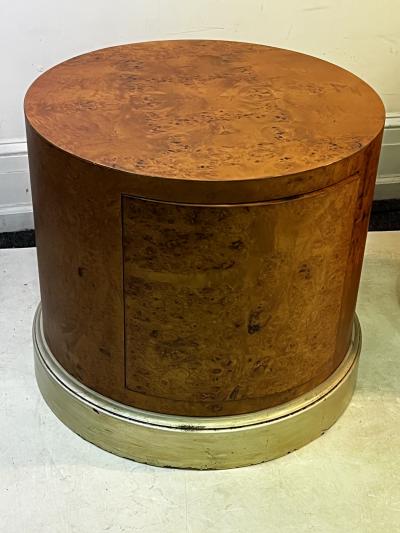 Milo Baughman MODERN BURL WOOD DRUM TABLES WITH SILVERLEAF BASE