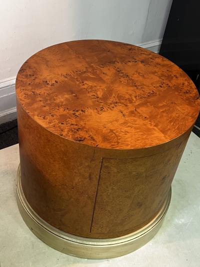 Milo Baughman MODERN BURL WOOD DRUM TABLES WITH SILVERLEAF BASE