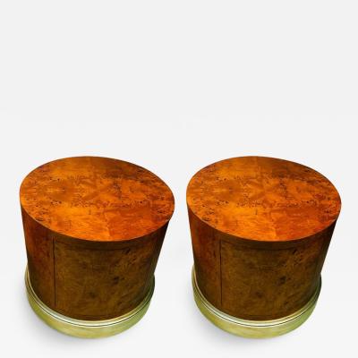 Milo Baughman MODERN BURL WOOD DRUM TABLES WITH SILVERLEAF BASE