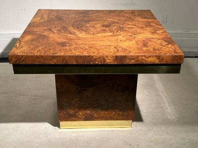 Milo Baughman MODERN PAIR OF BURLWOOD LAMINATE WITH BRASS TRIM TABLES