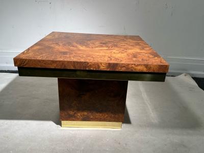 Milo Baughman MODERN PAIR OF BURLWOOD LAMINATE WITH BRASS TRIM TABLES