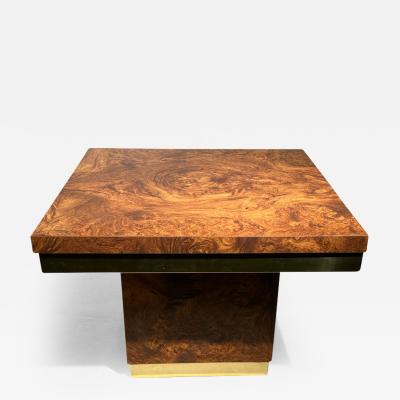 Milo Baughman MODERN PAIR OF BURLWOOD LAMINATE WITH BRASS TRIM TABLES