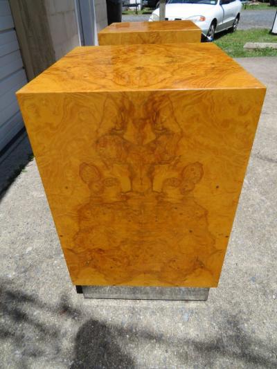 Milo Baughman Magnificent Milo Baughman Double Pedestal Olive Wood Cube Base Dining Table