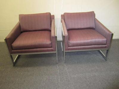Milo Baughman Magnificent Pair of Milo Baughman Angled Chrome Flat Bar Lounge Chairs