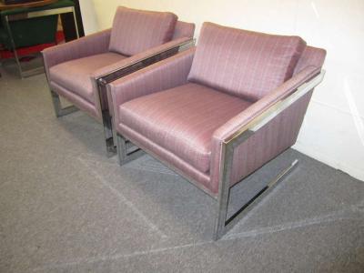 Milo Baughman Magnificent Pair of Milo Baughman Angled Chrome Flat Bar Lounge Chairs