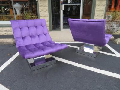 Milo Baughman Magnificent Pair of Restored Milo Baughman Chrome Cube Slipper Lounge Chairs