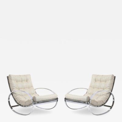 Milo Baughman Mid Century Chrome Rocking Lounge Chairs w Button Detailing by Milo Baughman